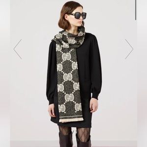 GUCCI Wool Jacquard GG Monogram Scarf Black Ivory